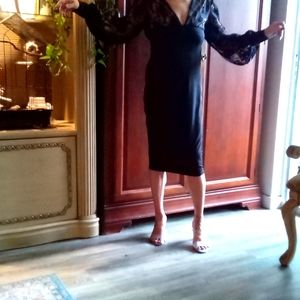 Black cocktail dress by Venus with lace top size small